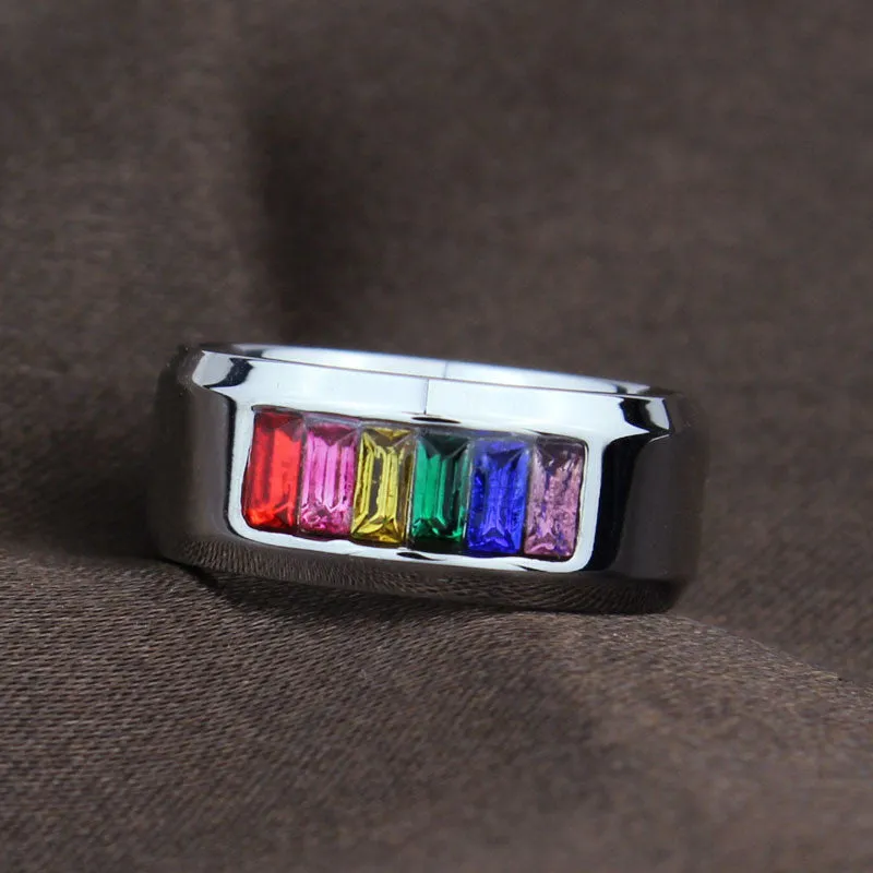 Fashion rainbow wedding rings for men and women gay pride ring with stone