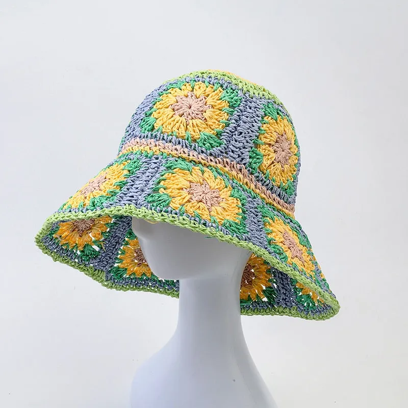 Floral Crochet Straw Bucket Hats - 11 Colors