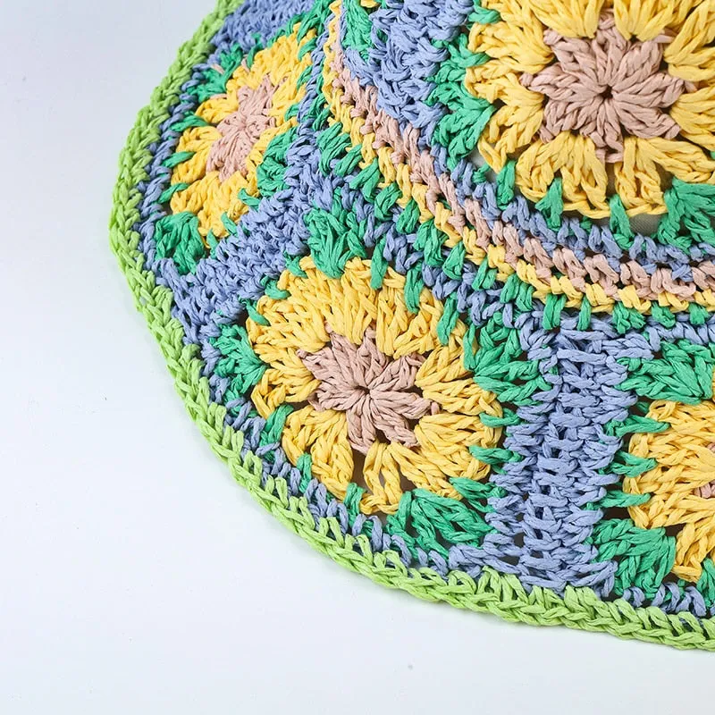 Floral Crochet Straw Bucket Hats - 11 Colors