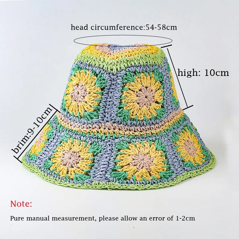 Floral Crochet Straw Bucket Hats - 11 Colors