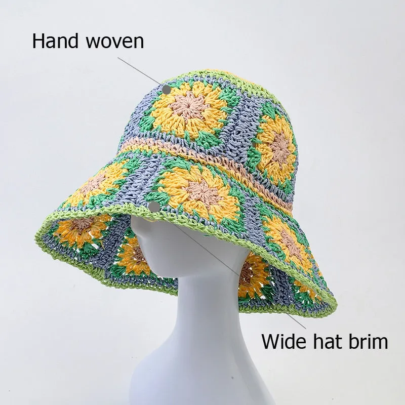 Floral Crochet Straw Bucket Hats - 11 Colors