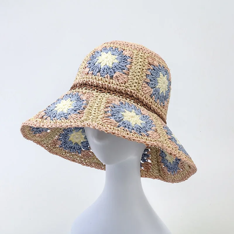 Floral Crochet Straw Bucket Hats - 11 Colors