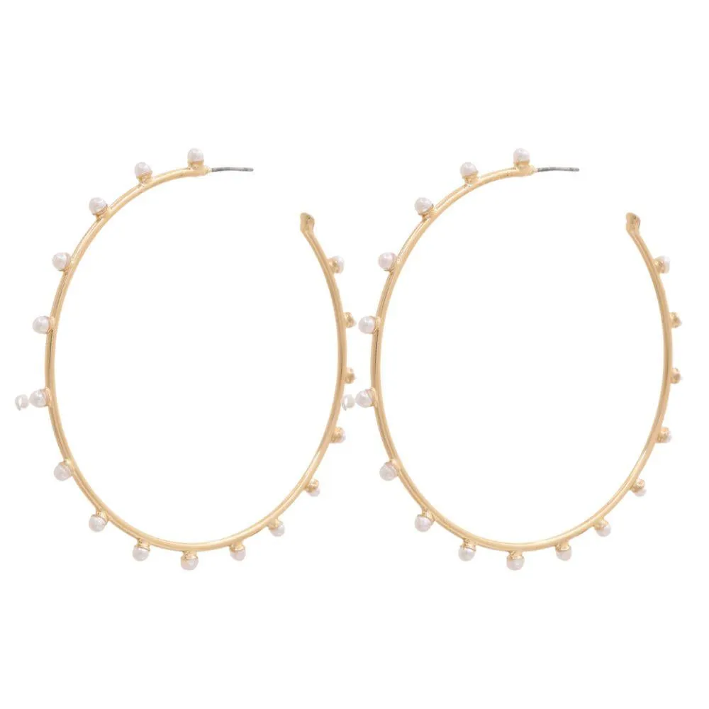 Gold 2.75" Pearl Studded Hoop Earring