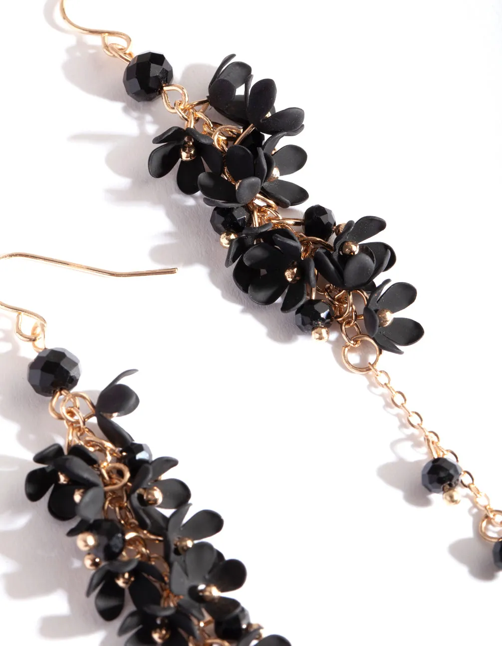 Gold Black Flower Cluster Drop Earrings