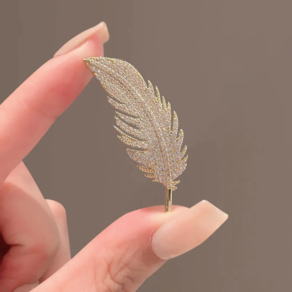 Gold Crystal Feather Brooches Safety Pins Jewelry