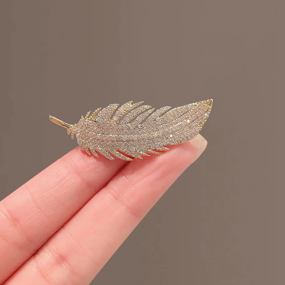 Gold Crystal Feather Brooches Safety Pins Jewelry