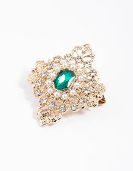 Gold Ornate Emerald & Pearl Brooch