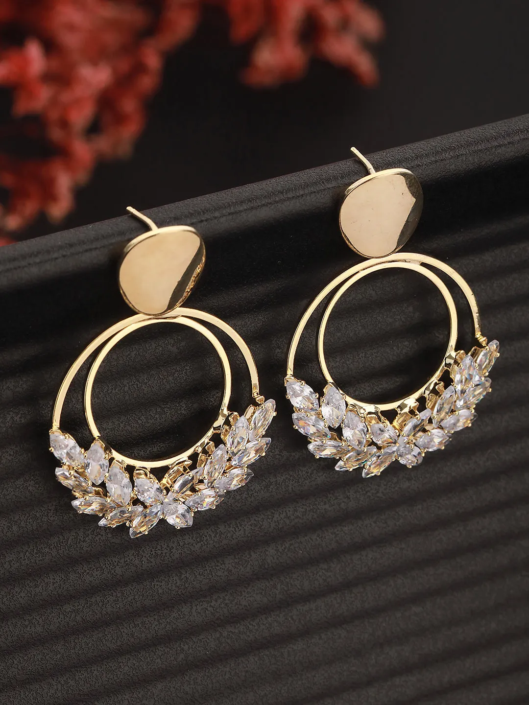 Gold-Plated & Crystal Studded Geometric Drop Earrings