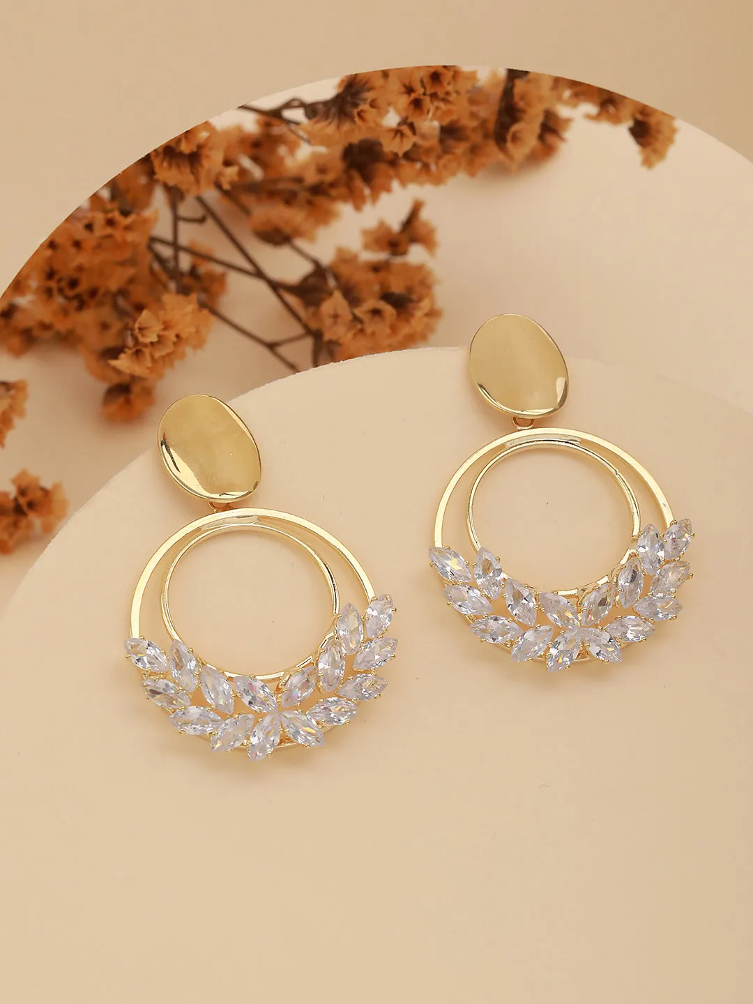 Gold-Plated & Crystal Studded Geometric Drop Earrings