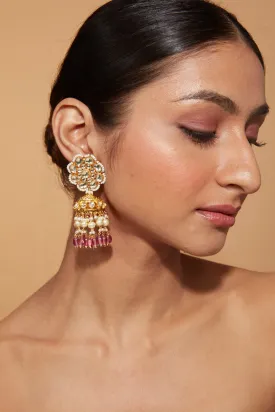 Gold Plated Kundan Studded With Pink Bead Drop Jhumka Earrings