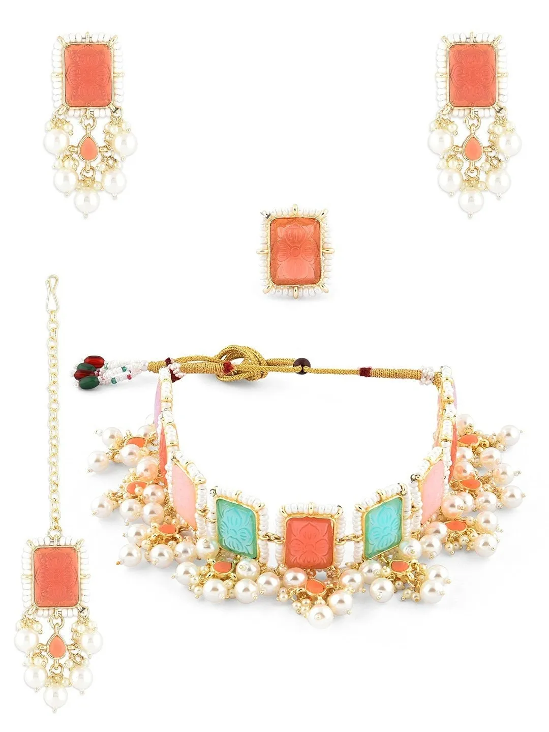 Gold Plated Stone Studded Pearl Beaded Jewellery Set