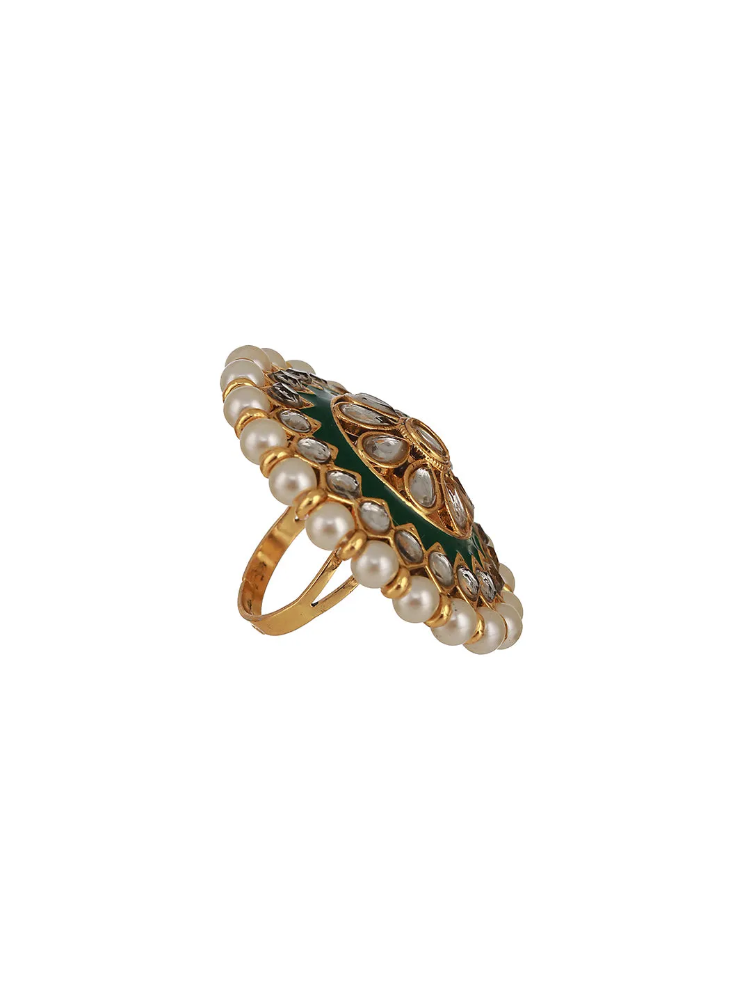 Gold-Plated White Kundan Studded & Pearl Beaded Green Meenakari Adjustable Finger Ring