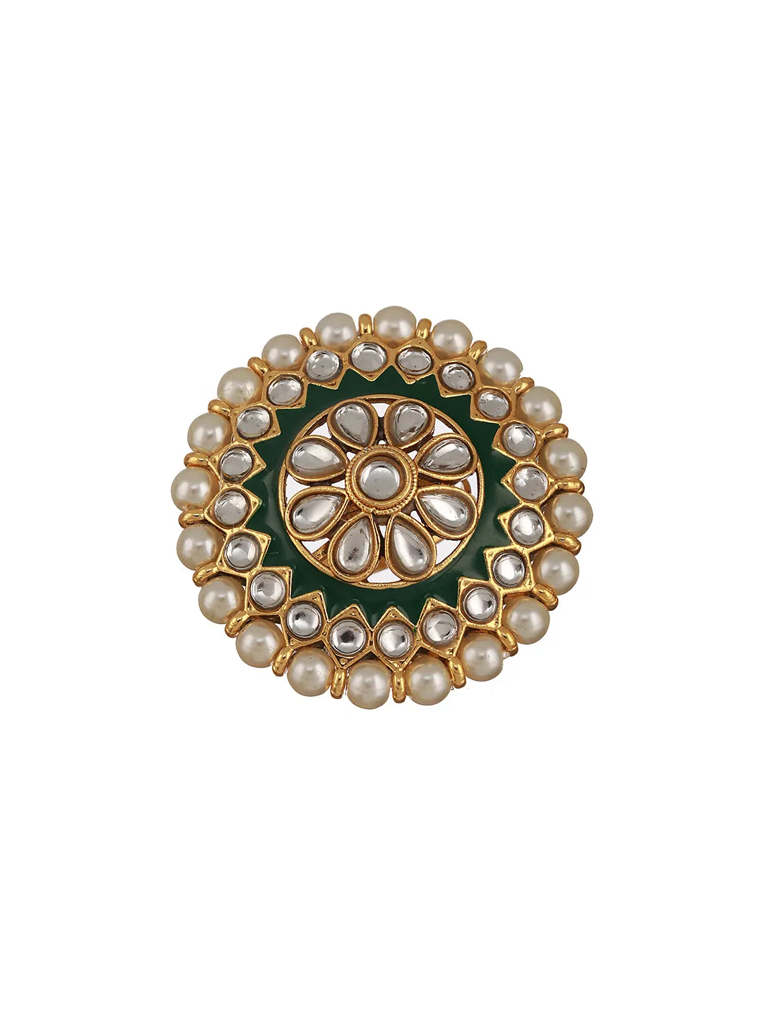 Gold-Plated White Kundan Studded & Pearl Beaded Green Meenakari Adjustable Finger Ring