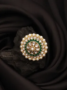 Gold-Plated White Kundan Studded & Pearl Beaded Green Meenakari Adjustable Finger Ring