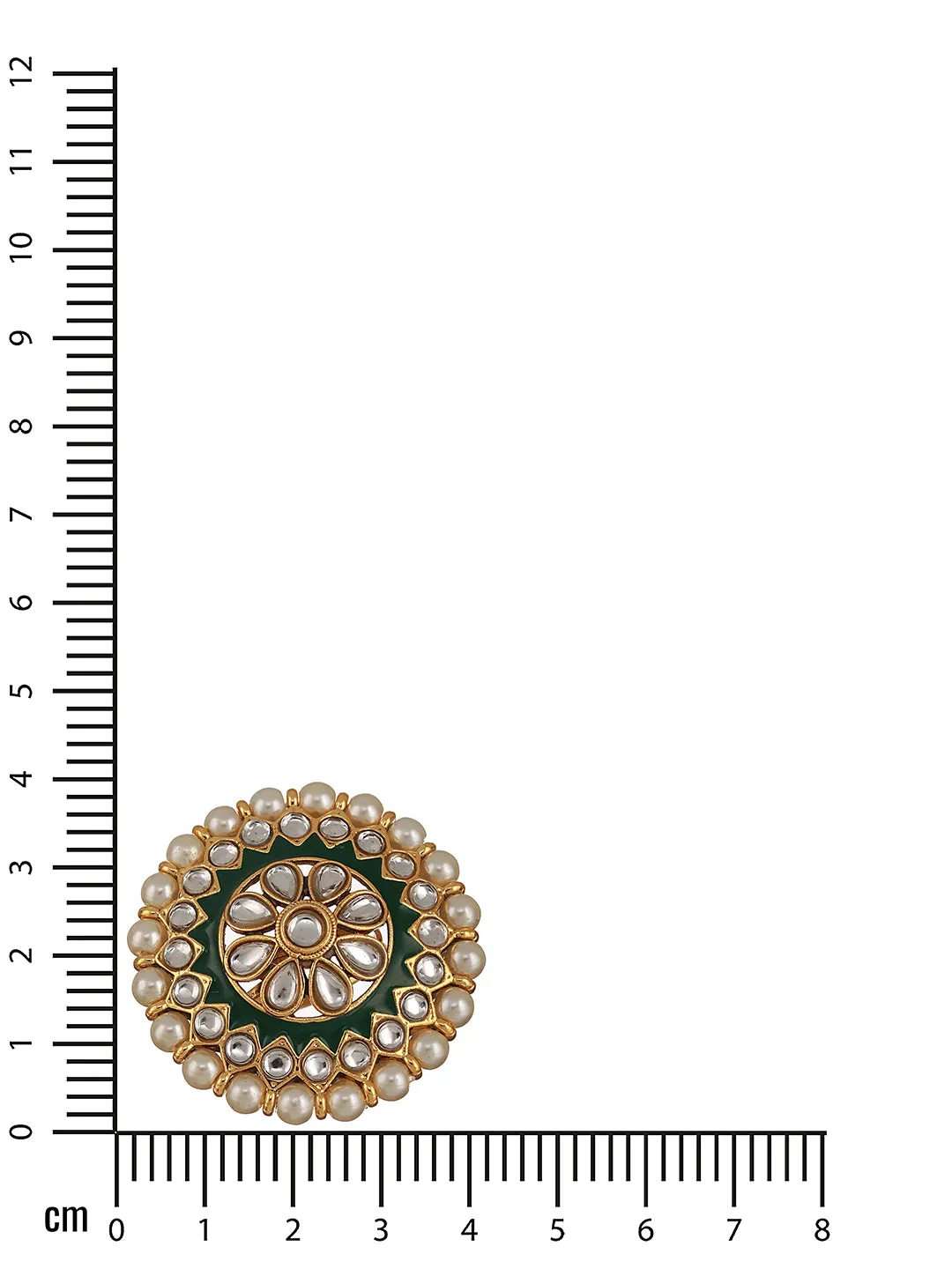 Gold-Plated White Kundan Studded & Pearl Beaded Green Meenakari Adjustable Finger Ring