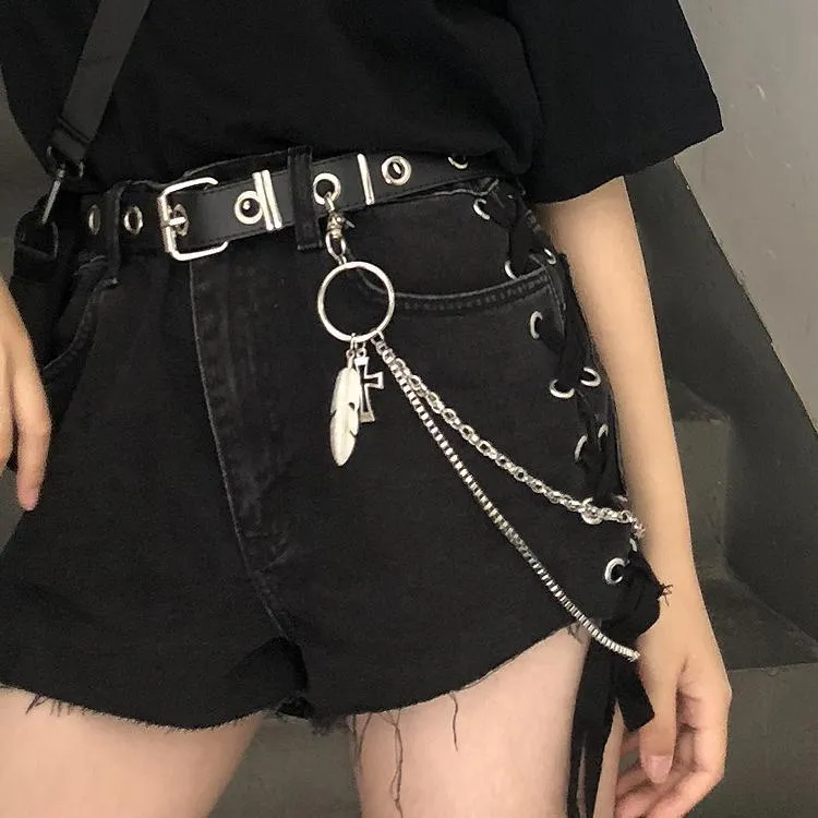 Grunge Eyelets Metallic Buckle Pu Punk Waist Chains