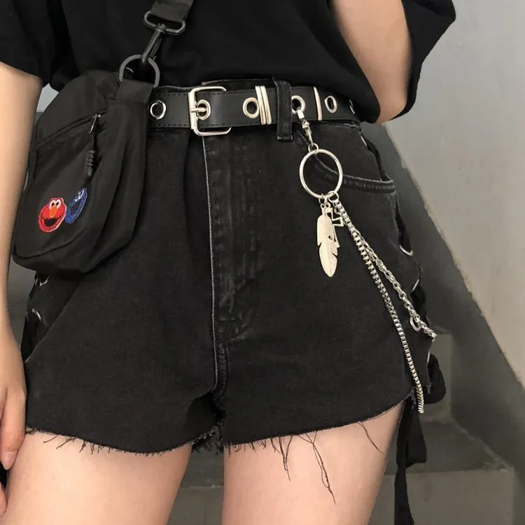 Grunge Eyelets Metallic Buckle Pu Punk Waist Chains