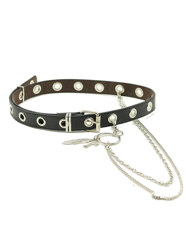 Grunge Eyelets Metallic Buckle Pu Punk Waist Chains