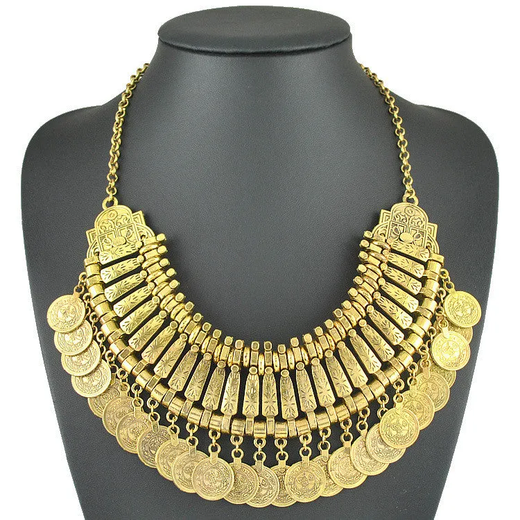 Gypsy Ethnic Boho Necklaces Retro Metal Carving Coins Vintage Gold And Silver Plated Statement Necklaces For Women Jewelry