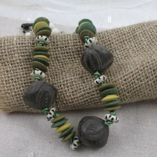 Handmade  African Trade Bead Clay & Bone Statement Necklace