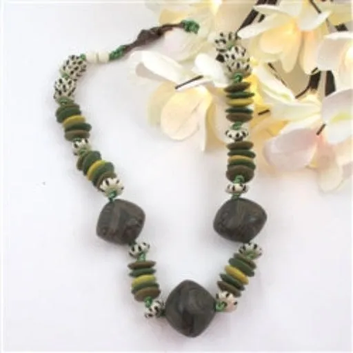 Handmade  African Trade Bead Clay & Bone Statement Necklace