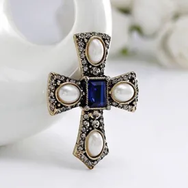 Hot Fashion simulated Pearl Rhinestone Cross Brooch jewelry Vintage Blue gem luxury brooches for women Accessories