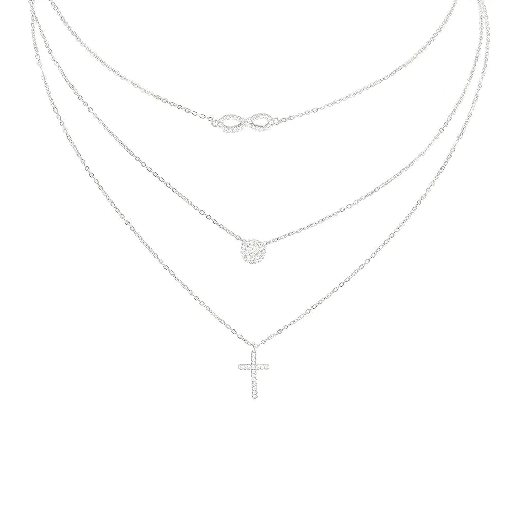 Infinity Cross Three Layer Necklace, 14k Gold Plated .925 Sterling Silver Pave Diamond CZ 3:1 Dainty Necklace