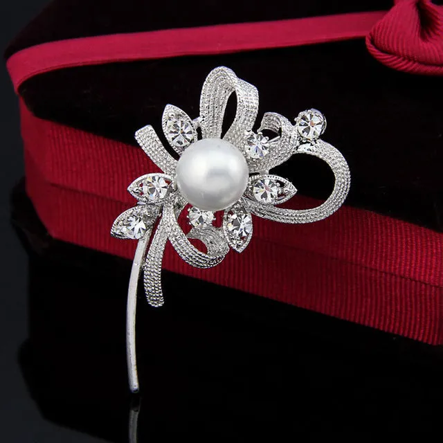 KARASU Glamorous Simulated Pearl Plant Rhinestone Silver-color Brooches for Women Brooch Pins Fashion Jewelry Wholesale