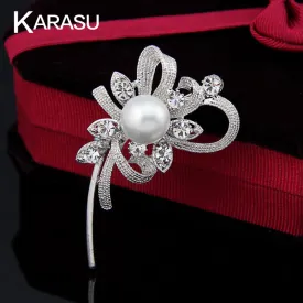 KARASU Glamorous Simulated Pearl Plant Rhinestone Silver-color Brooches for Women Brooch Pins Fashion Jewelry Wholesale