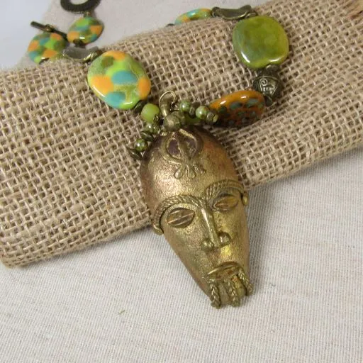 Kazuri Bead and Large Brass  Pendant Necklace