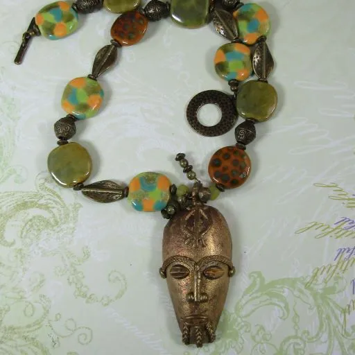 Kazuri Bead and Large Brass  Pendant Necklace