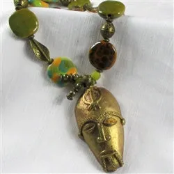 Kazuri Bead and Large Brass  Pendant Necklace