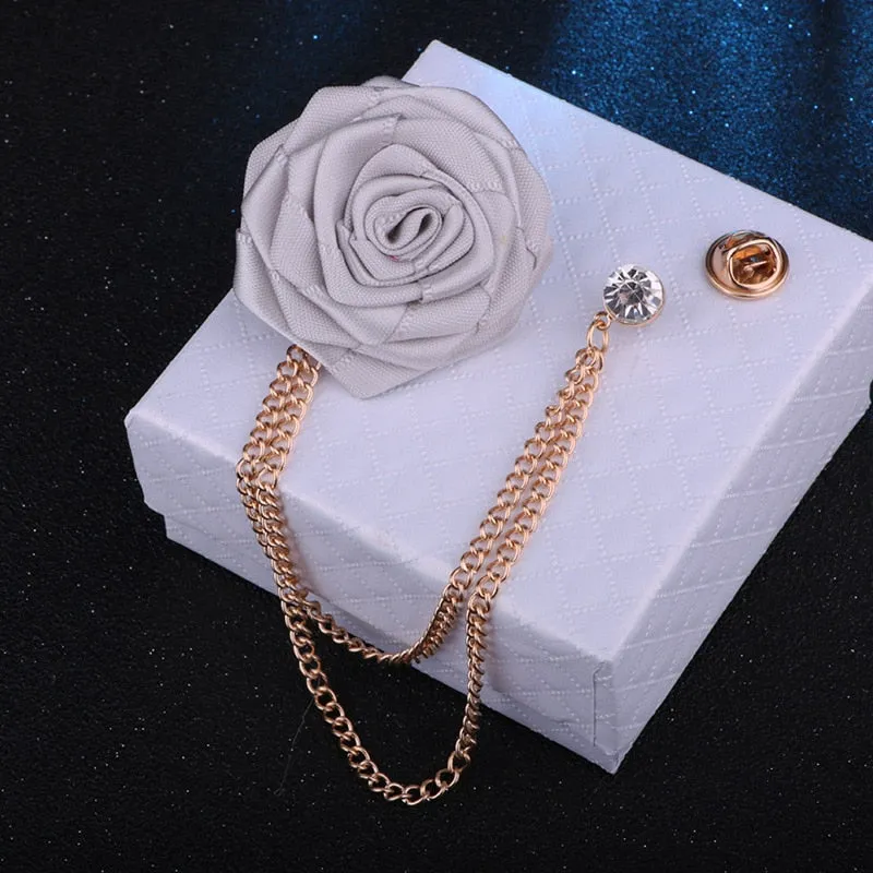 Korean Bridegroom Wedding Brooches Cloth Art Hand-made Rose Flower Brooch Lapel Pin Badge Tassel Chain Men&#39;s Suit Accessories