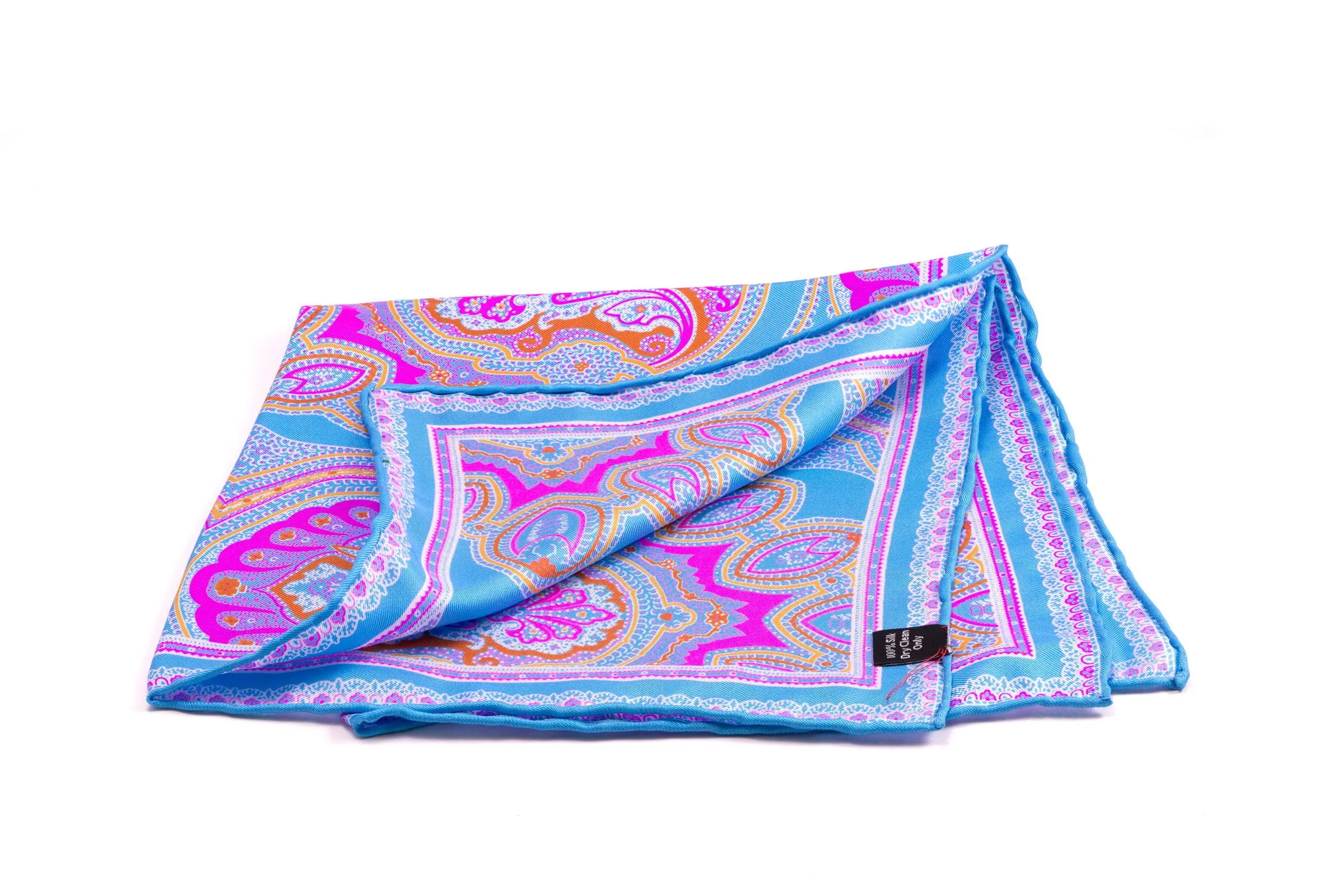 Light Blue & Pink Large Paisley Silk Pocket Square