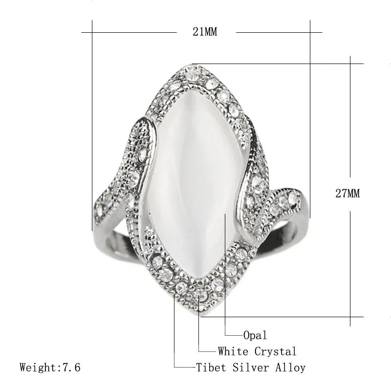 Luxury Fashion Big Oval Opal Ring Vintage Look Silver Plated White Crystal Rings For Women Gift