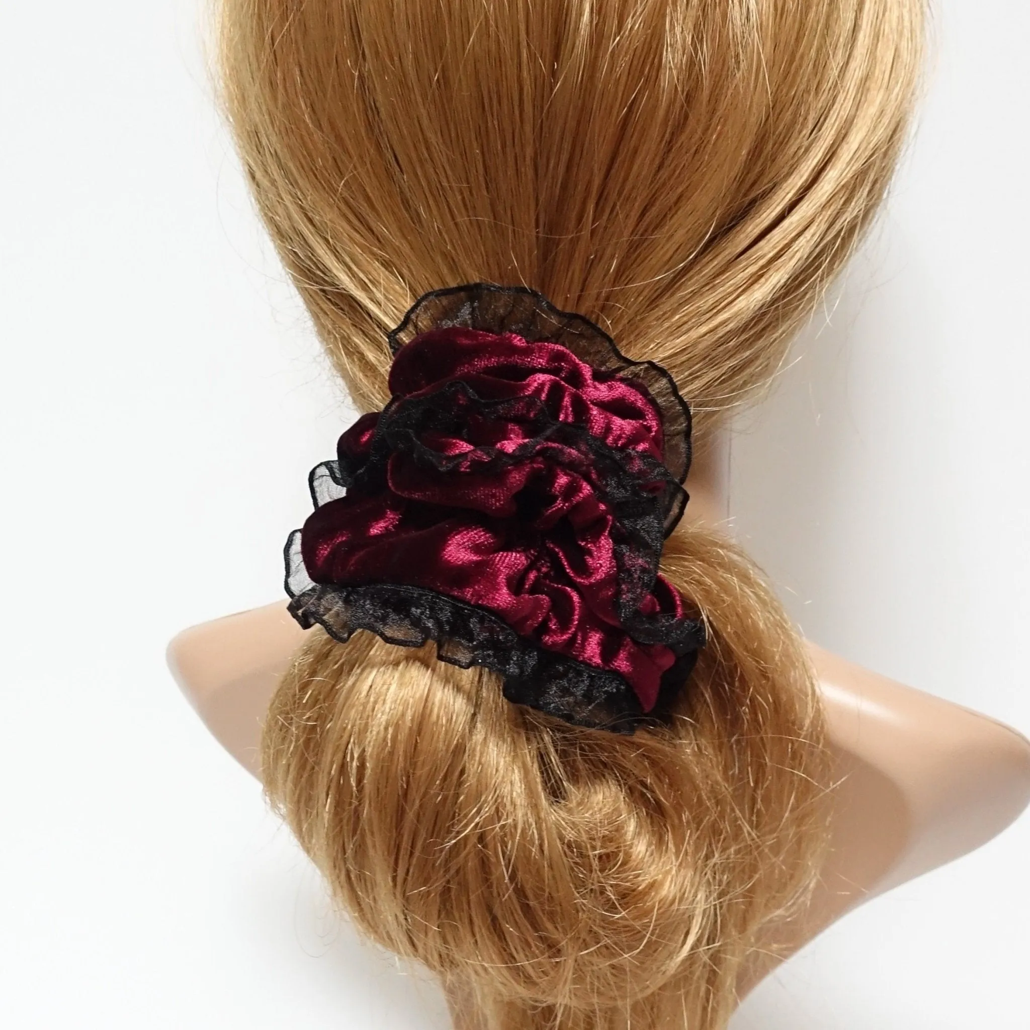 mesh trim decorated velvet scrunchies organdy fabric pretty hair scrunchie women hair accessory