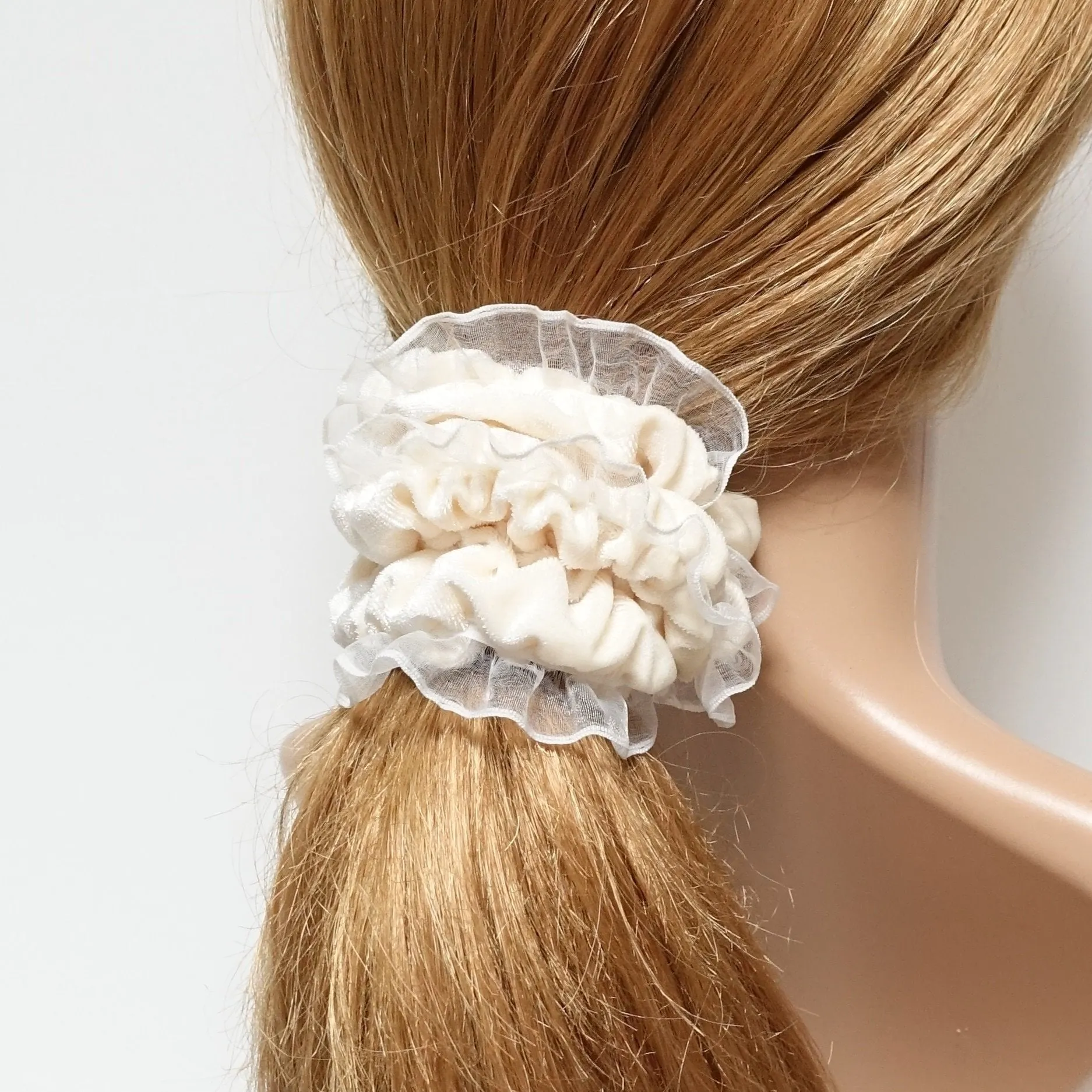 mesh trim decorated velvet scrunchies organdy fabric pretty hair scrunchie women hair accessory