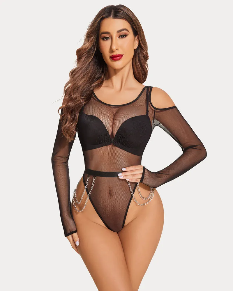 Mesh Waist Chains Snap Crotch Teddy