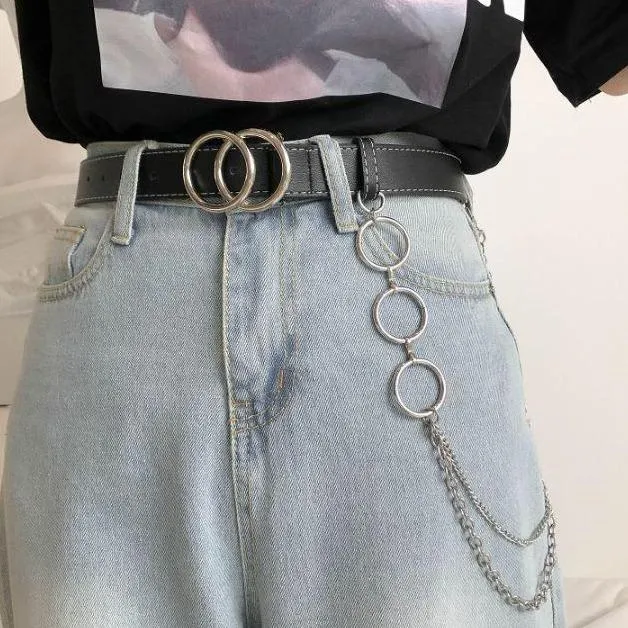 Metallic Double Circle Buckle Belt   Punk Waist Chains