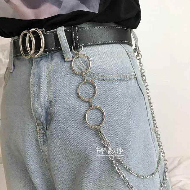 Metallic Double Circle Buckle Belt   Punk Waist Chains