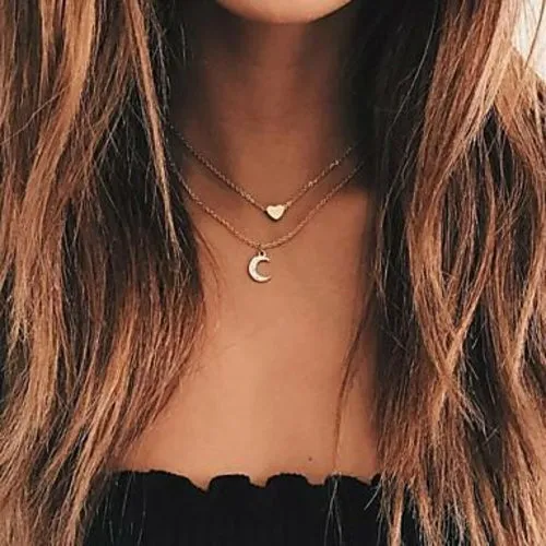 Moon and Heart Two-Layer Necklace