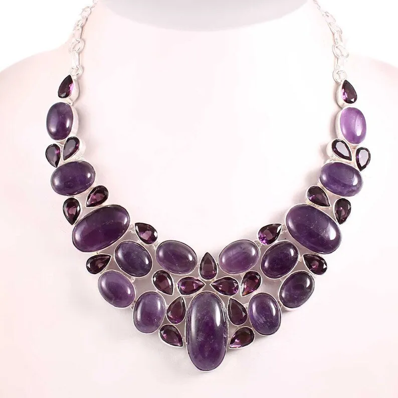 Natural Amethyst Bib Necklace For Women - 925 Sterling Silver Wedding Necklace