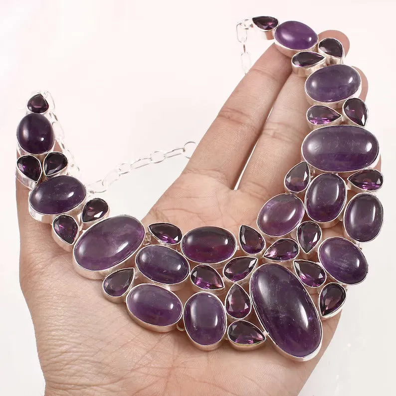 Natural Amethyst Bib Necklace For Women - 925 Sterling Silver Wedding Necklace