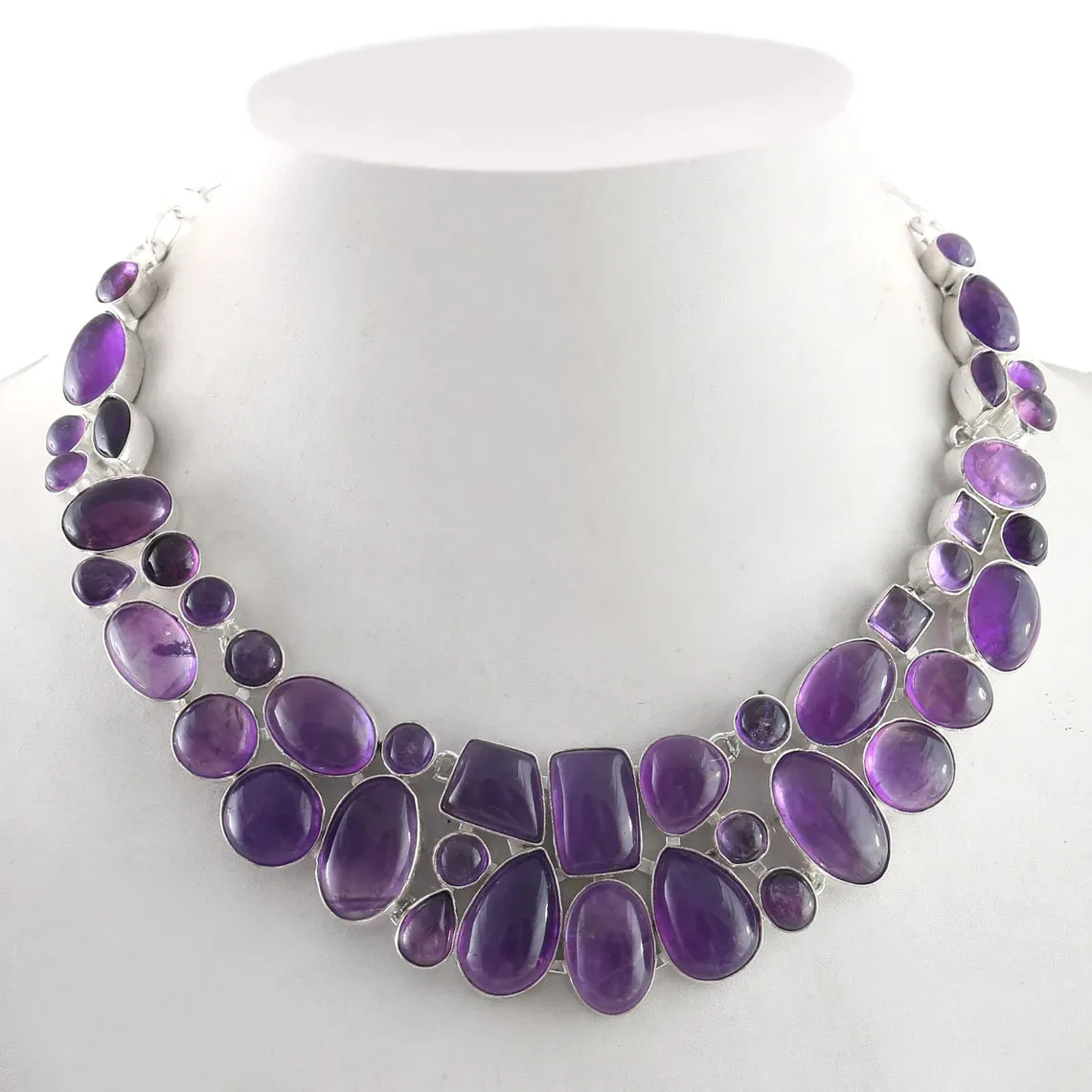 Natural Cabochon Amethyst Bib Necklace  - 925 Sterling Silver Wedding Necklace