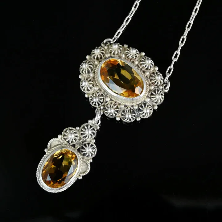 Natural Citrine Antique Victorian Necklace For Women - 925 Sterling Silver Pendant