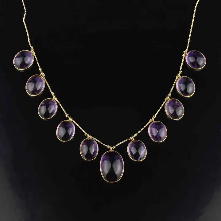 Natural Oval Cut  Amethyst Cabochon Vintage Fringe Necklace - 14k Gold Vermeil