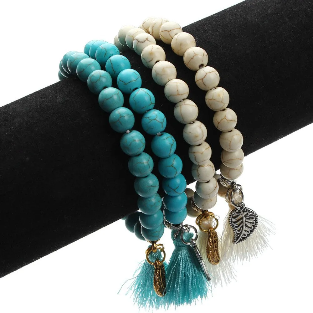 Nature Turquoise Beads Bracelet Joker Tassel Leaves Pulseiras Charm Bracelets & Bangles for Women Jewelry