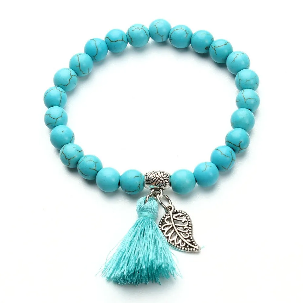 Nature Turquoise Beads Bracelet Joker Tassel Leaves Pulseiras Charm Bracelets & Bangles for Women Jewelry