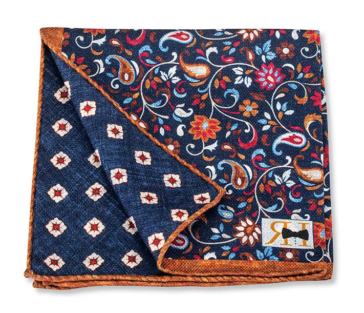 Navy Floral Paisley/Medallions Pocket Square - 5641