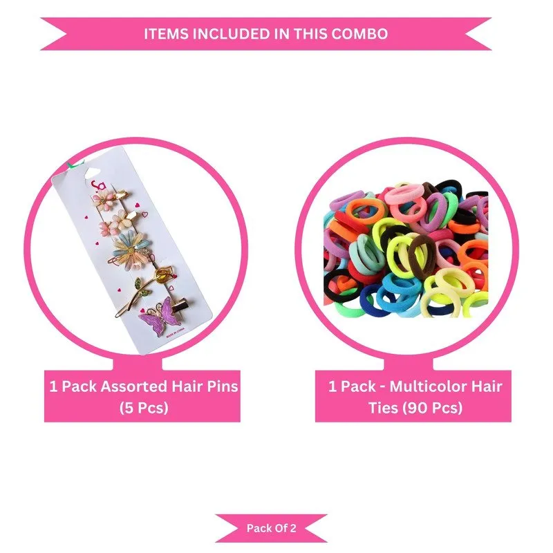 Neon Mini Hair Ties with Embellised hair Pin and clip set (Pack of 2, Multicolor)